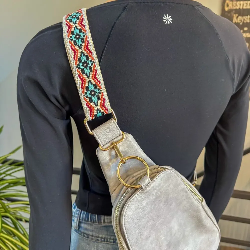 Moda Luxe Regina Vegan Leather Sling Backpack Gray Silver Boho Guitar Strap 888